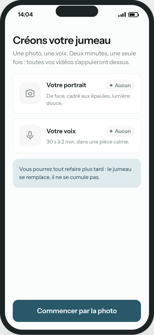L'écran « Créons votre jumeau » de l'application TwinX : le portrait et la voix à fournir.